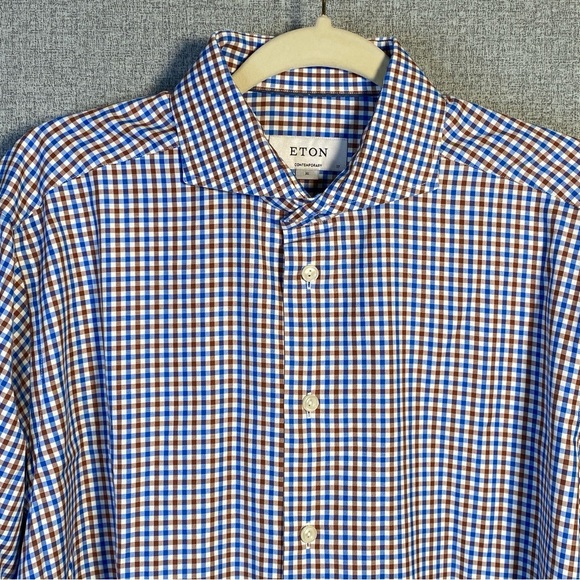 Eton Contemporary 17/43 XL Men’s Dress Shirt Spread Collar Blue Brown Gingham - Picture 3 of 8